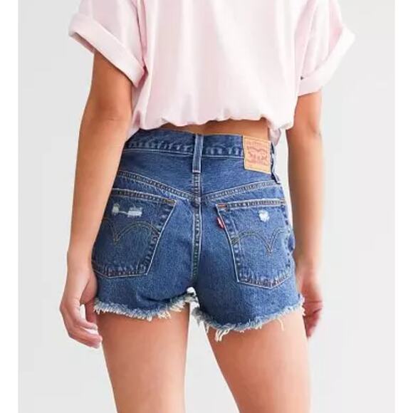 Levi's 501 Jean Shorts WMNS 32 Blue Distressed Denim Button Fly Cut-Off Hi-Rise - Picture 3 of 10